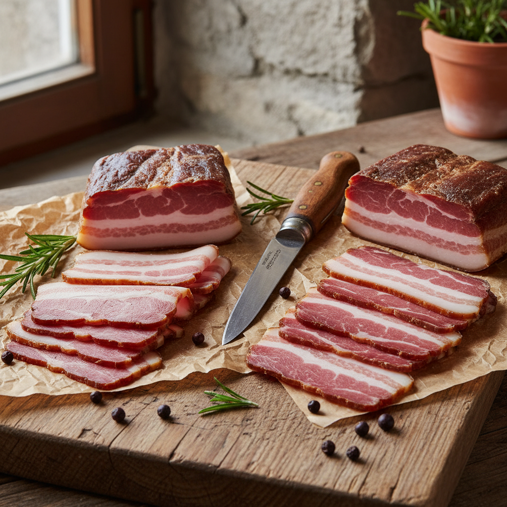 Vergleich von Bauchspeck und Schinkenspeck nebeneinander auf Holzbrett