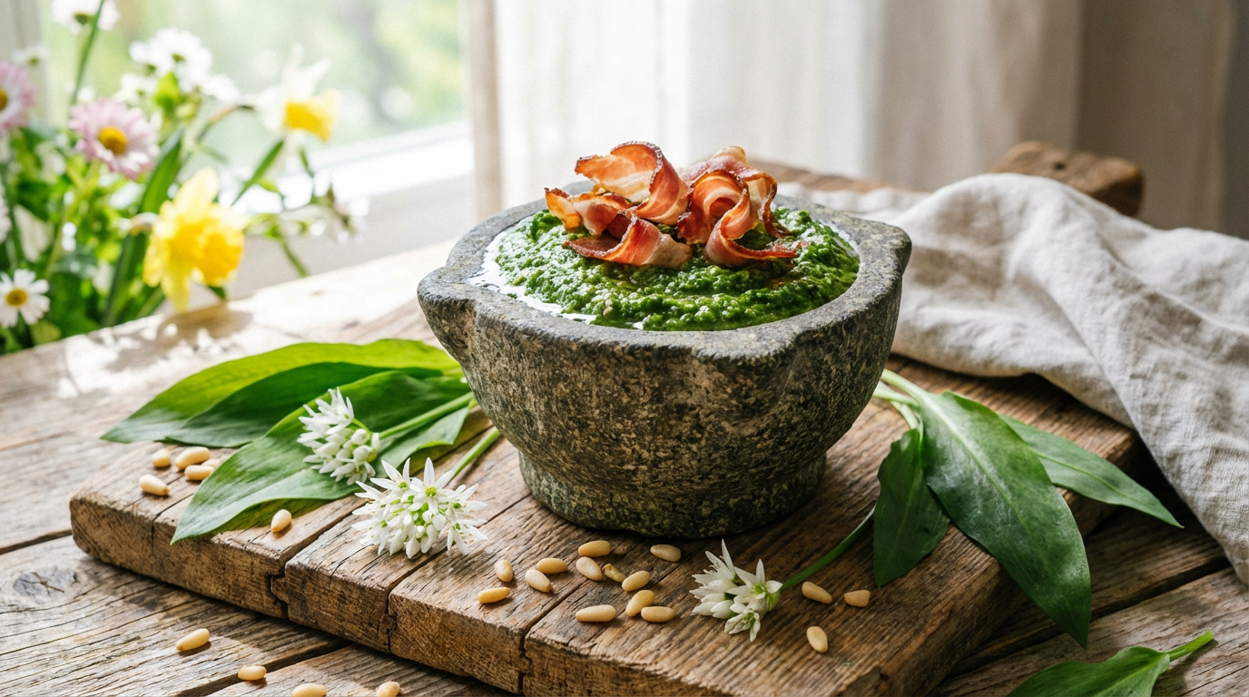 Frisches grünes Bärlauchpesto in einem Mörser mit knusprig gebratenen Speckwürfeln, frischem Bärlauch und Pinienkernen auf einem rustikalen Holztisch