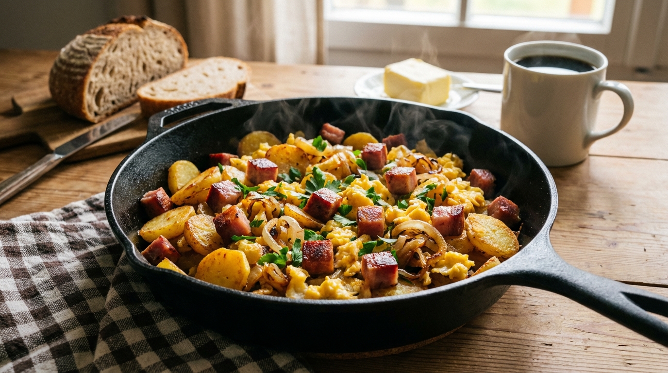 Bauernfrühstück in einer gusseisernen Pfanne mit goldbraunen Kartoffeln, knusprigen Speckwürfeln und stockigem Ei, garniert mit frischer Petersilie