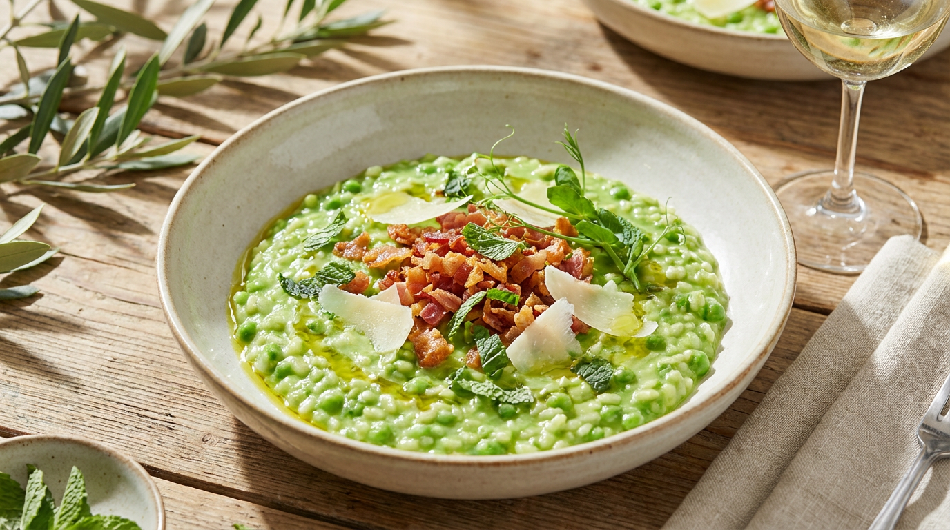 Cremiges Erbsen-Risotto in einem tiefen Teller mit knusprigen Speckwürfeln, frischen Erbsen, Minzblättern und geriebenem Parmesan