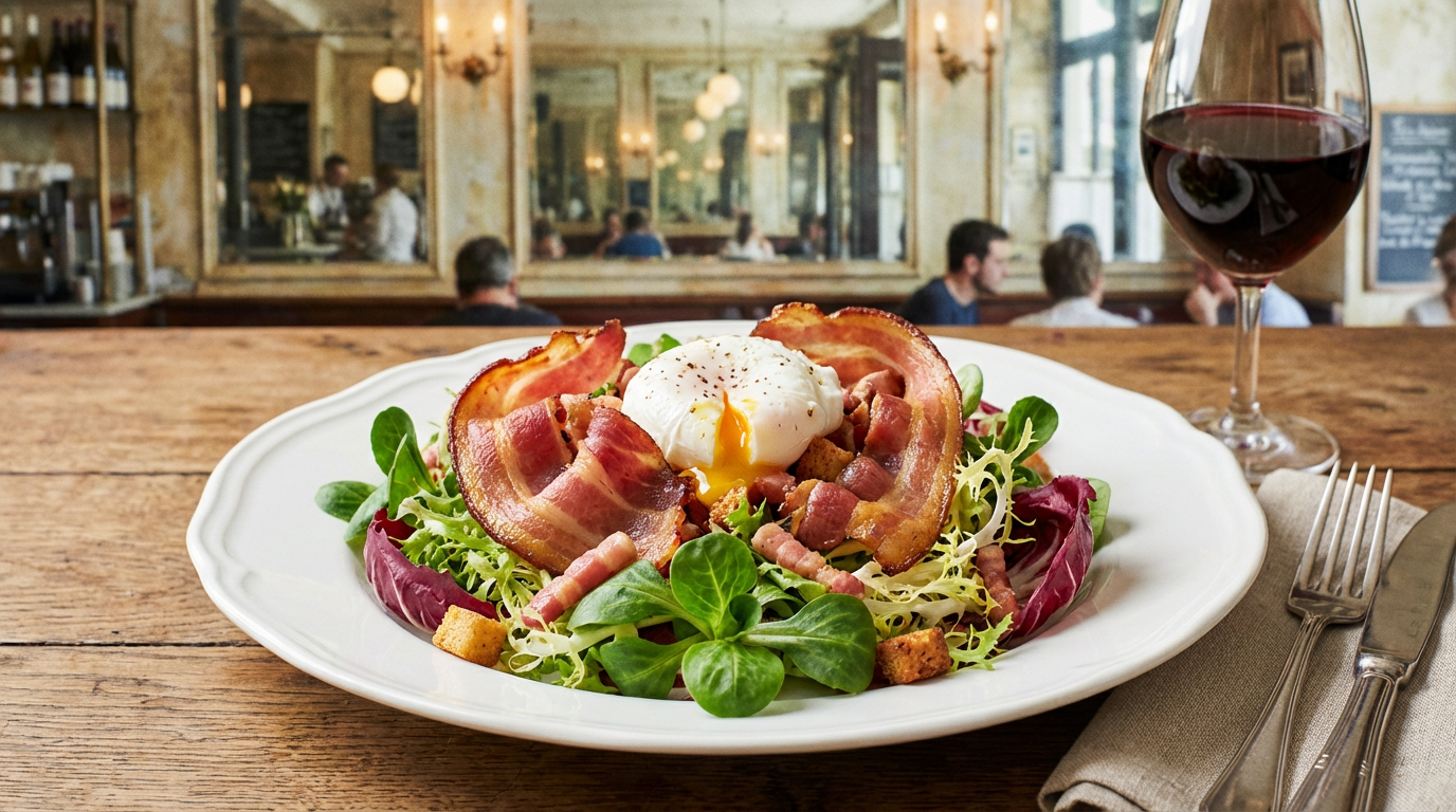 Feldsalat mit knusprigen Speckwürfeln, pochiertem Ei mit fließendem Eigelb und warmem Honig-Senf-Dressing auf einem rustikalen Holzteller