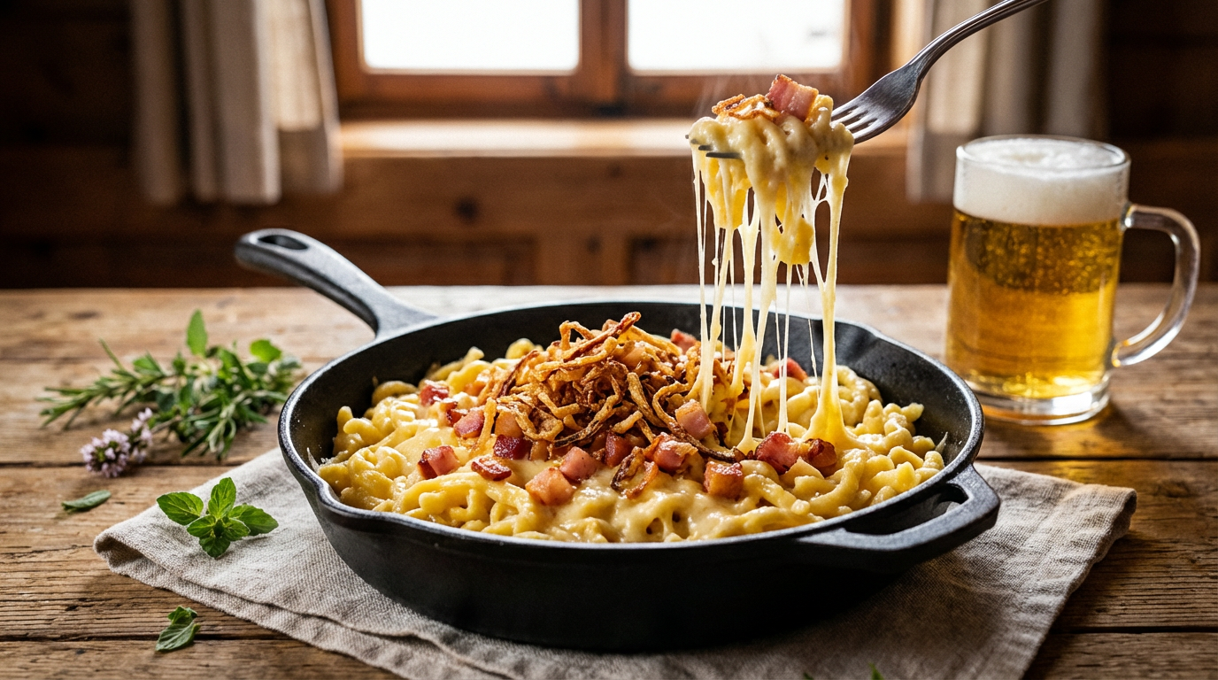 Goldbraune Käsespätzle mit knusprigem Speck und Röstzwiebeln in einer gusseisernen Pfanne