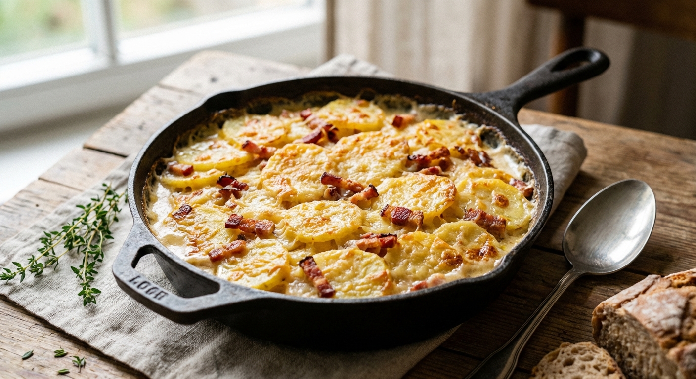 Goldbraun überbackenes Kartoffel-Speck-Gratin in einer gusseisernen Auflaufform mit sichtbaren Kartoffelschichten, knusprigem Speck und geschmolzenem Käse