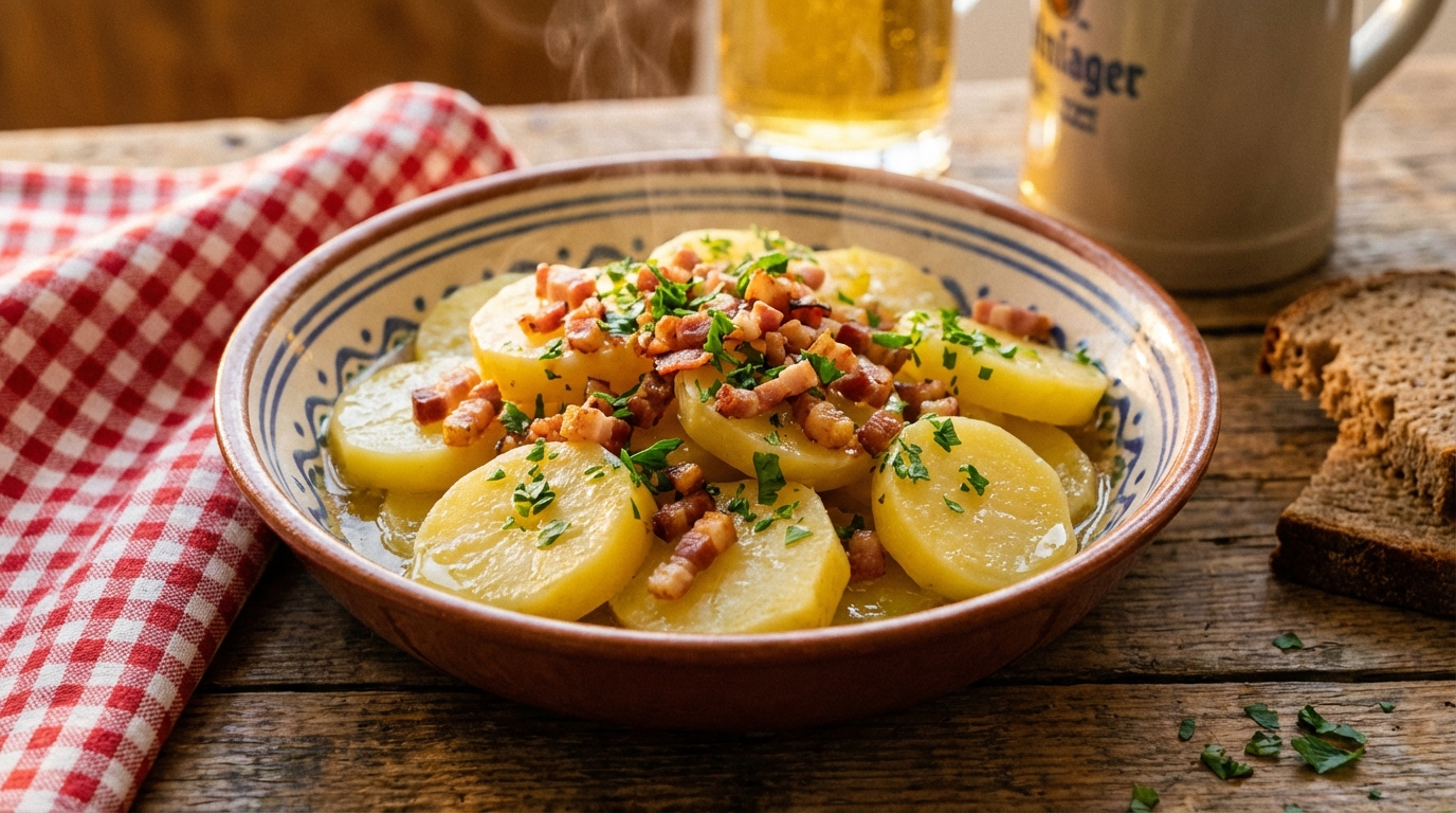 Rustikaler Kartoffelsalat mit knusprigen Speckwürfeln und frischem Schnittlauch in einer Steingut-Schüssel