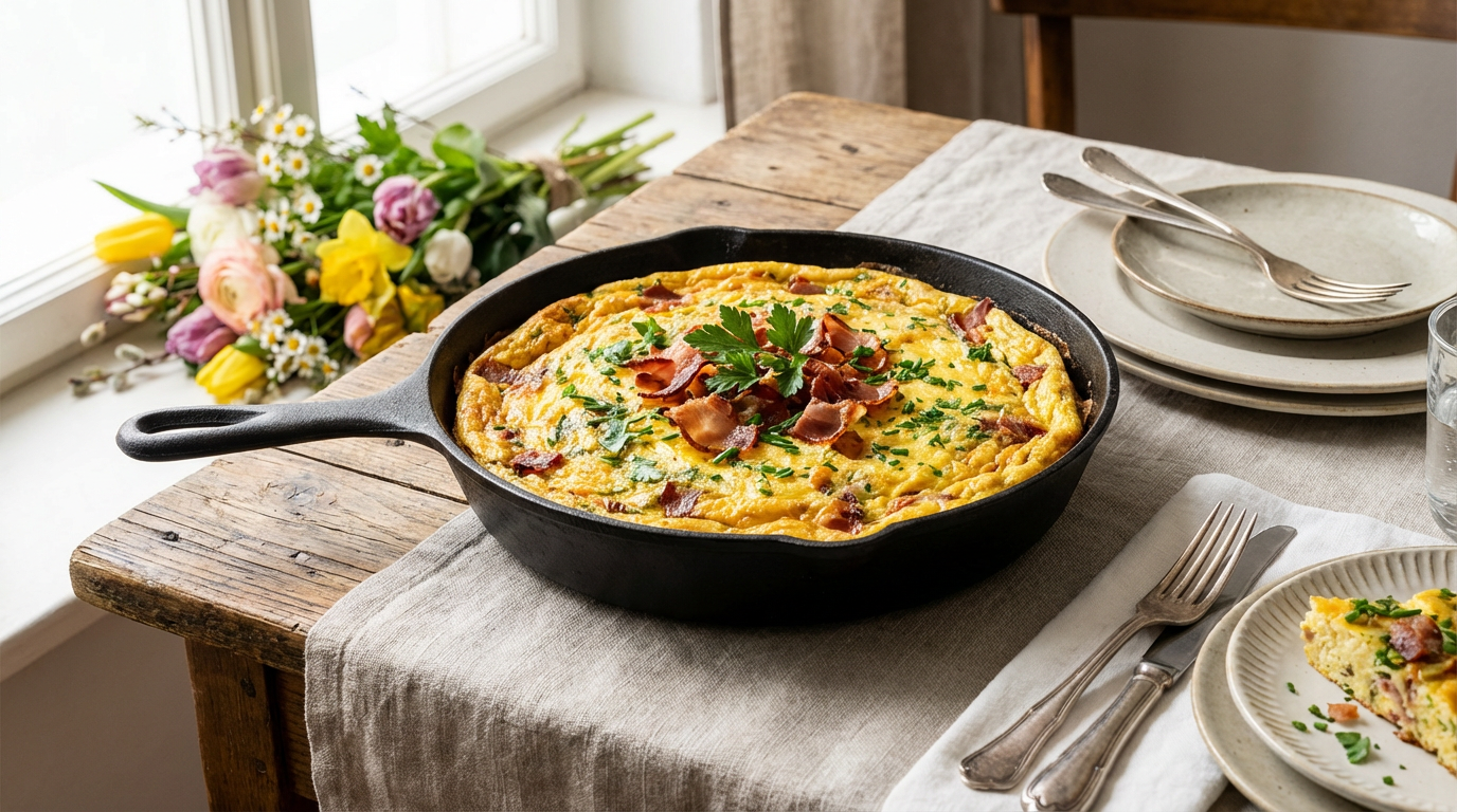 Goldbraune Kräuter-Frittata mit knusprigem Südtiroler Speck und frischen Kräutern in einer gusseisernen Pfanne, garniert mit Schnittlauch