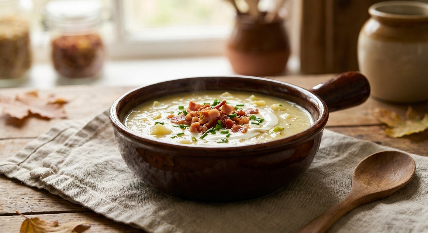 Cremige Lauch-Kartoffel-Suppe in einer rustikalen Schüssel mit knusprigen Speckwürfeln, frischem Schnittlauch und einem Klecks Crème fraîche