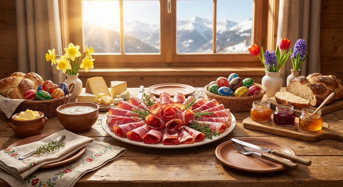 Festlich gedeckte Osterjause mit Südtiroler Speck, bunten Ostereiern, frischem Brot und Kräutern auf einem rustikalen Holztisch