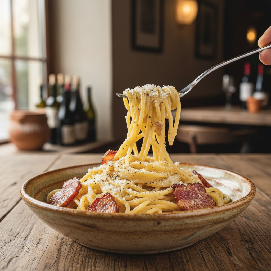 Cremige Pasta Carbonara mit knusprigem Südtiroler Speck und Pecorino