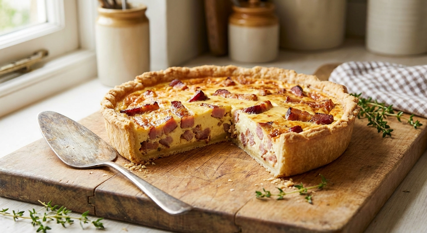 Goldbraun gebackene Quiche Lorraine mit knusprigem Südtiroler Speck auf einem rustikalen Holzbrett, angeschnitten mit sichtbarer cremiger Füllung