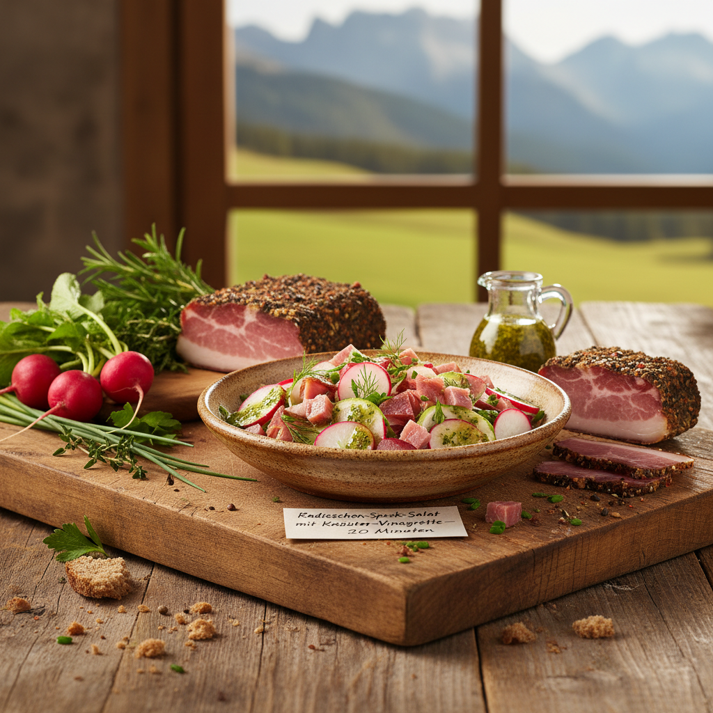 Frischer Radieschen-Speck-Salat mit knusprigen Speckwürfeln, roséfarbenen Radieschen-Scheiben, frischen Kräutern und cremiger Kräuter-Vinaigrette auf einem weißen Keramikteller