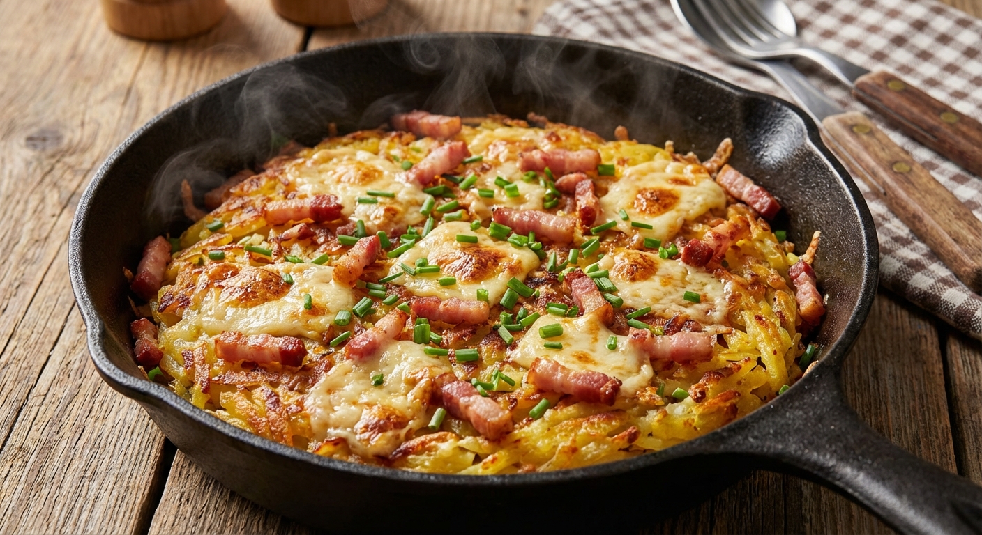 Goldbraune knusprige Rösti mit Speckwürfeln und geschmolzenem Bergkäse in einer gusseisernen Pfanne