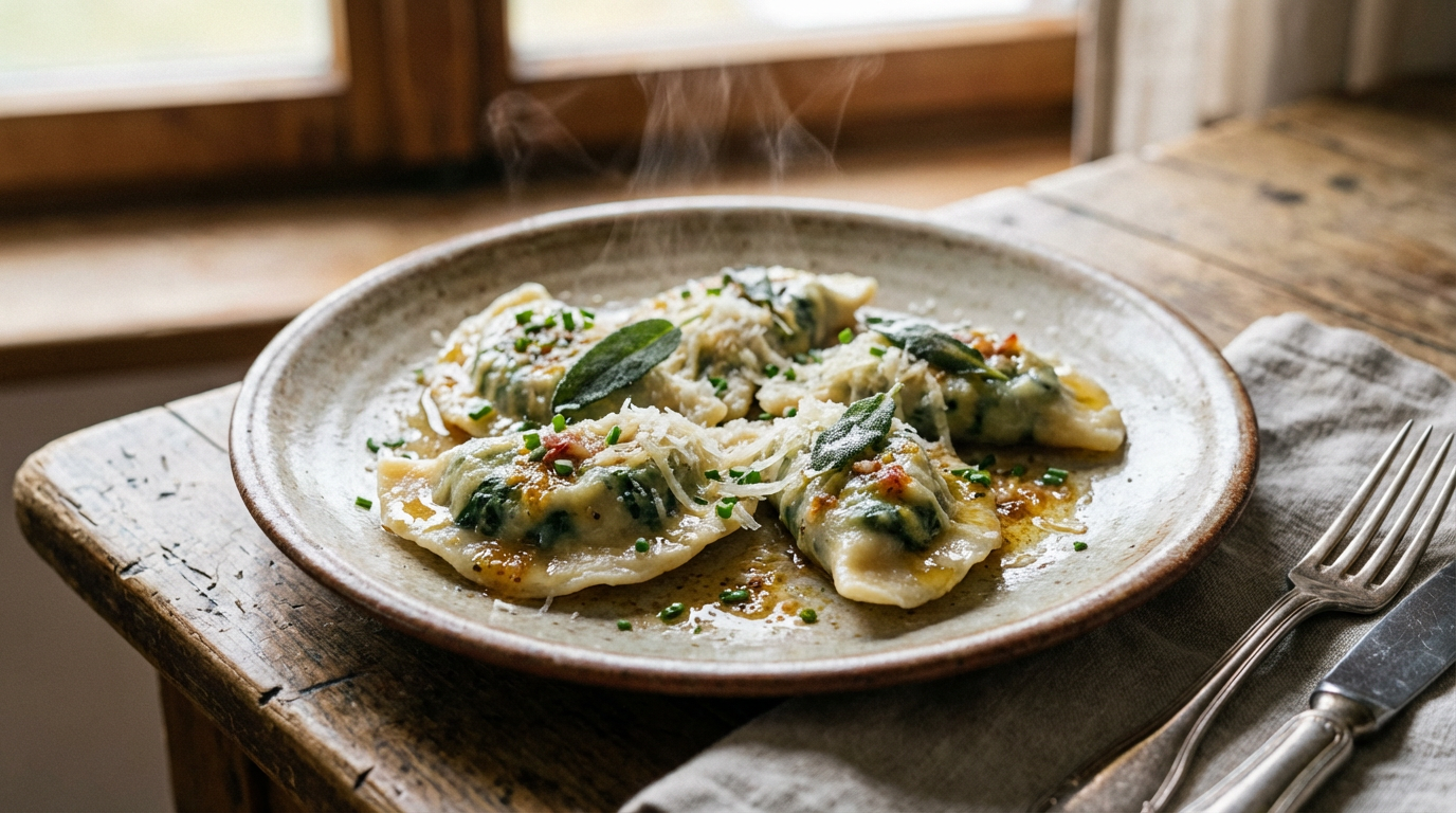 Goldbraune Schlutzkrapfen mit Spinat-Speck-Füllung auf einem Teller, übergossen mit brauner Butter und Parmesan