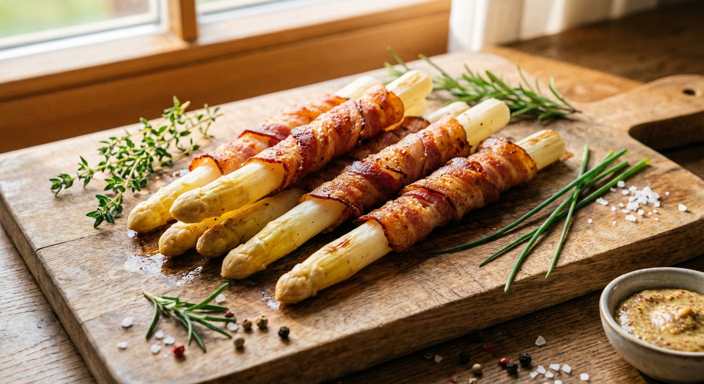 Goldbraun gebratener Spargel im Speckmantel auf einem rustikalen Holzbrett