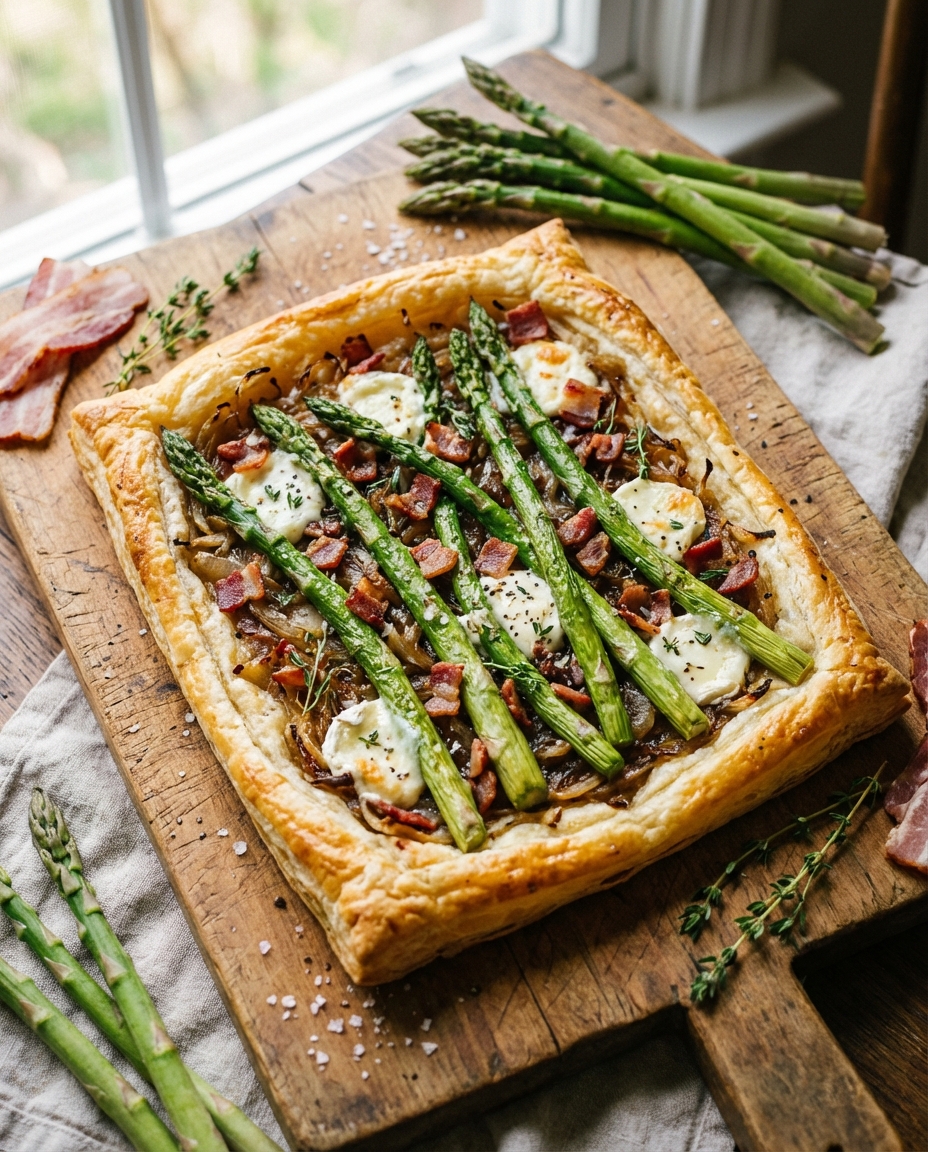 Goldbraune Spargel-Tarte mit grünem Spargel, Ziegenkäse-Tupfern und knusprigem Speck auf einem rustikalen Holzbrett, daneben frische Spargelstangen und ein Kräutersträußchen