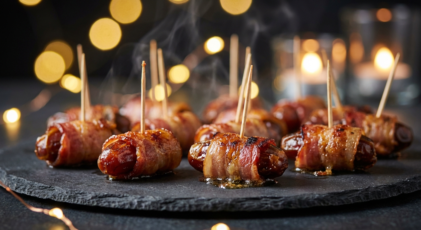 Goldbraune knusprige Datteln im Speckmantel auf einem rustikalen Holzbrett mit Rosmarin garniert