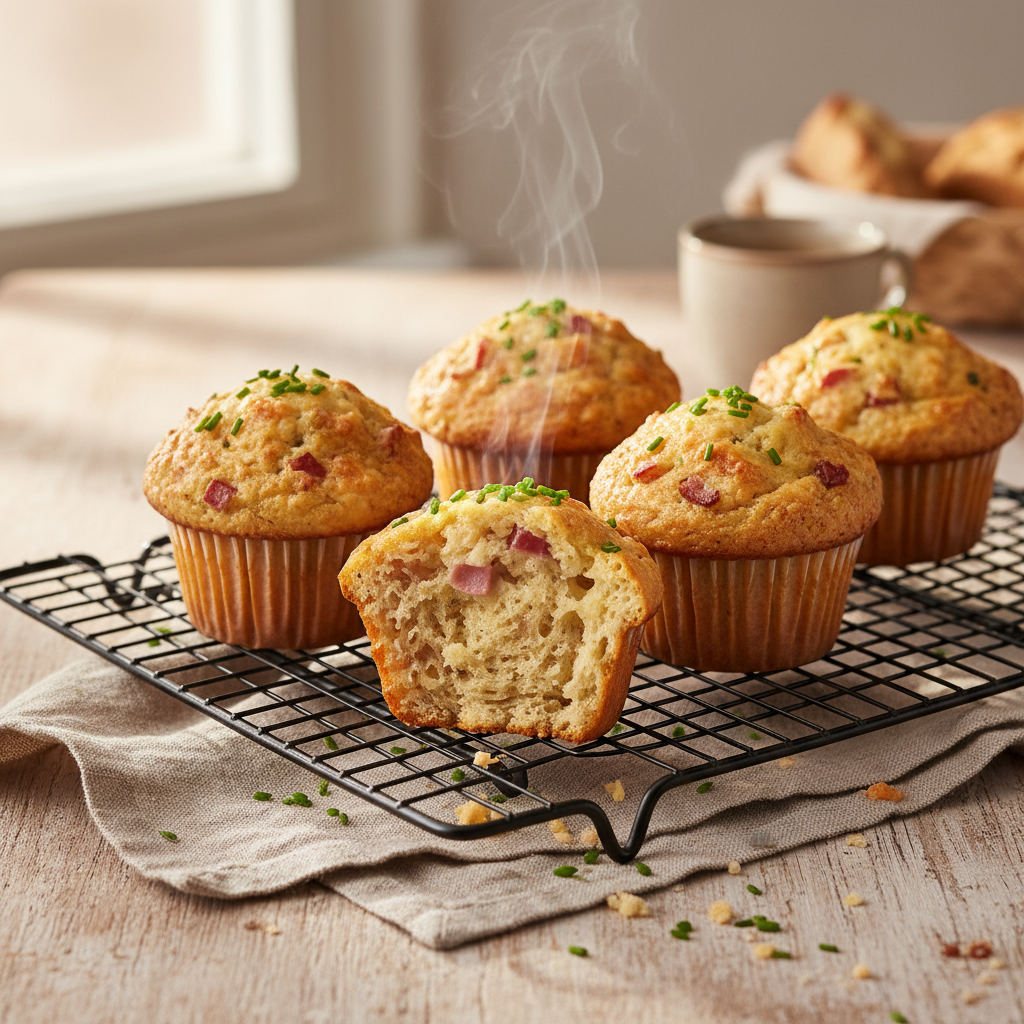 Goldbraune herzhafte Muffins mit Speck und Käse, frisch aus dem Ofen
