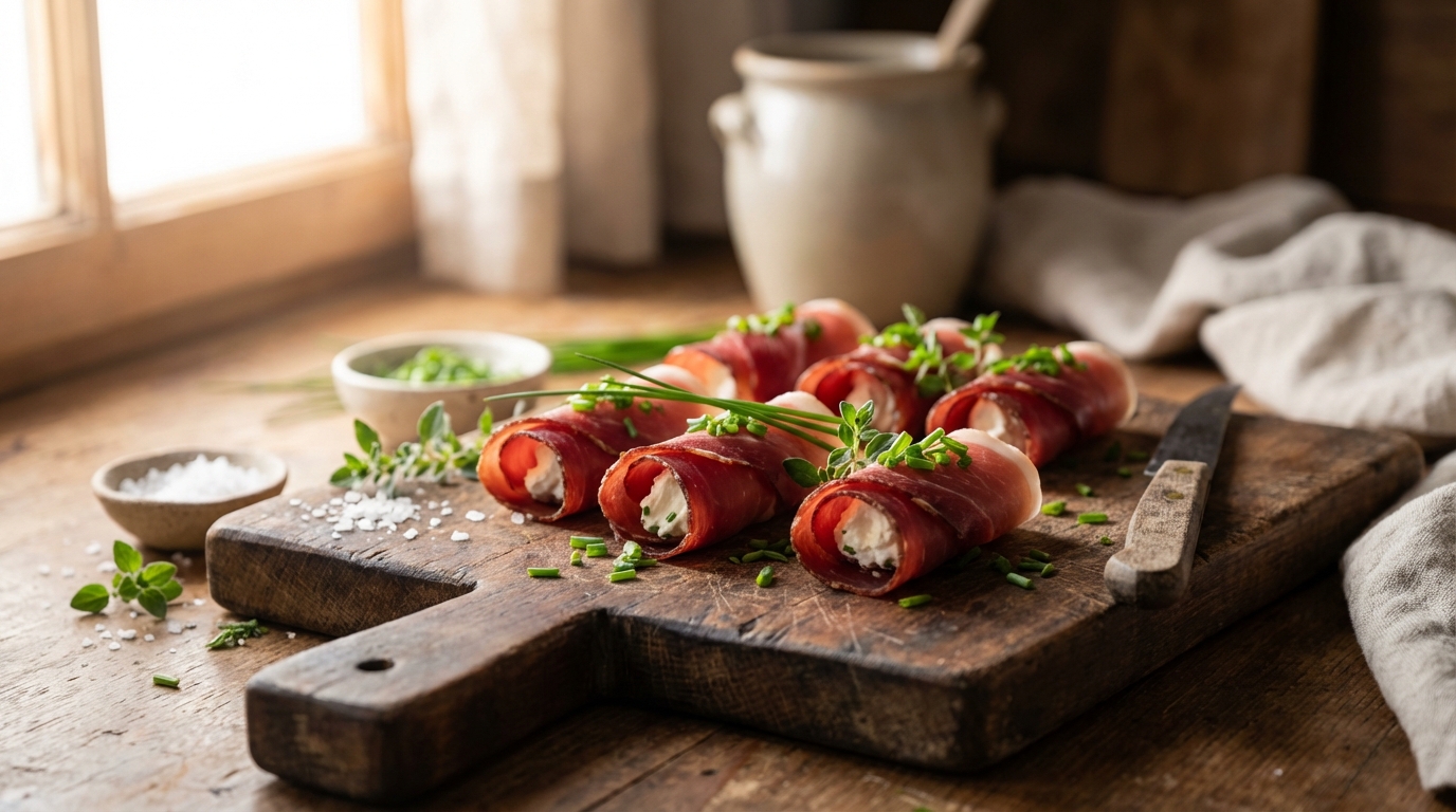 Goldbraune Speck-Wraps mit cremiger Frischkäse-Füllung auf einem rustikalen Holzbrett, garniert mit frischen Kräutern