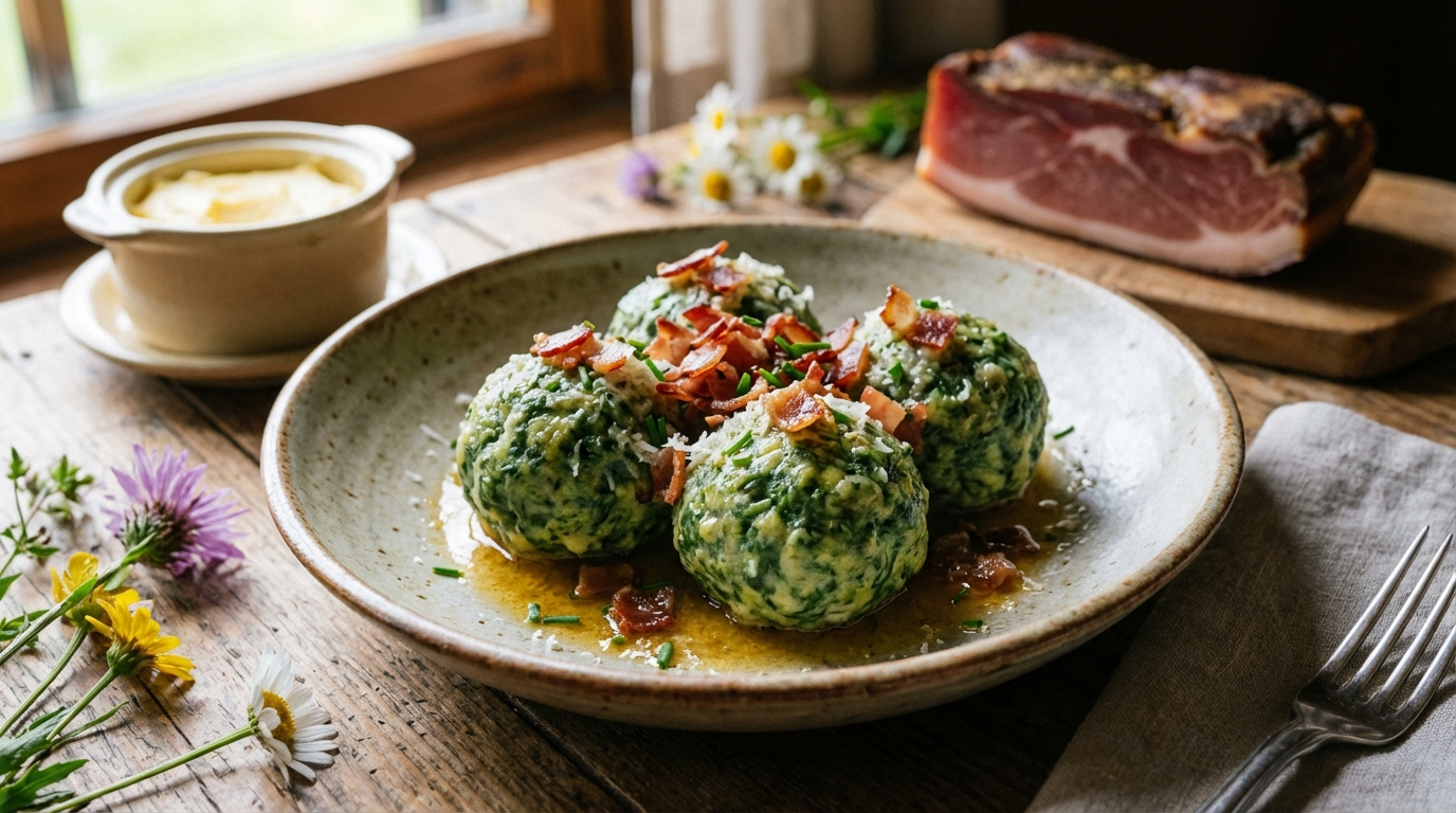 Fluffige Spinatknödel auf einem rustikalen Teller mit nussig brauner Butter, knusprigen Speckwürfeln und geriebenem Parmesan, garniert mit frischen Salbeiblättern