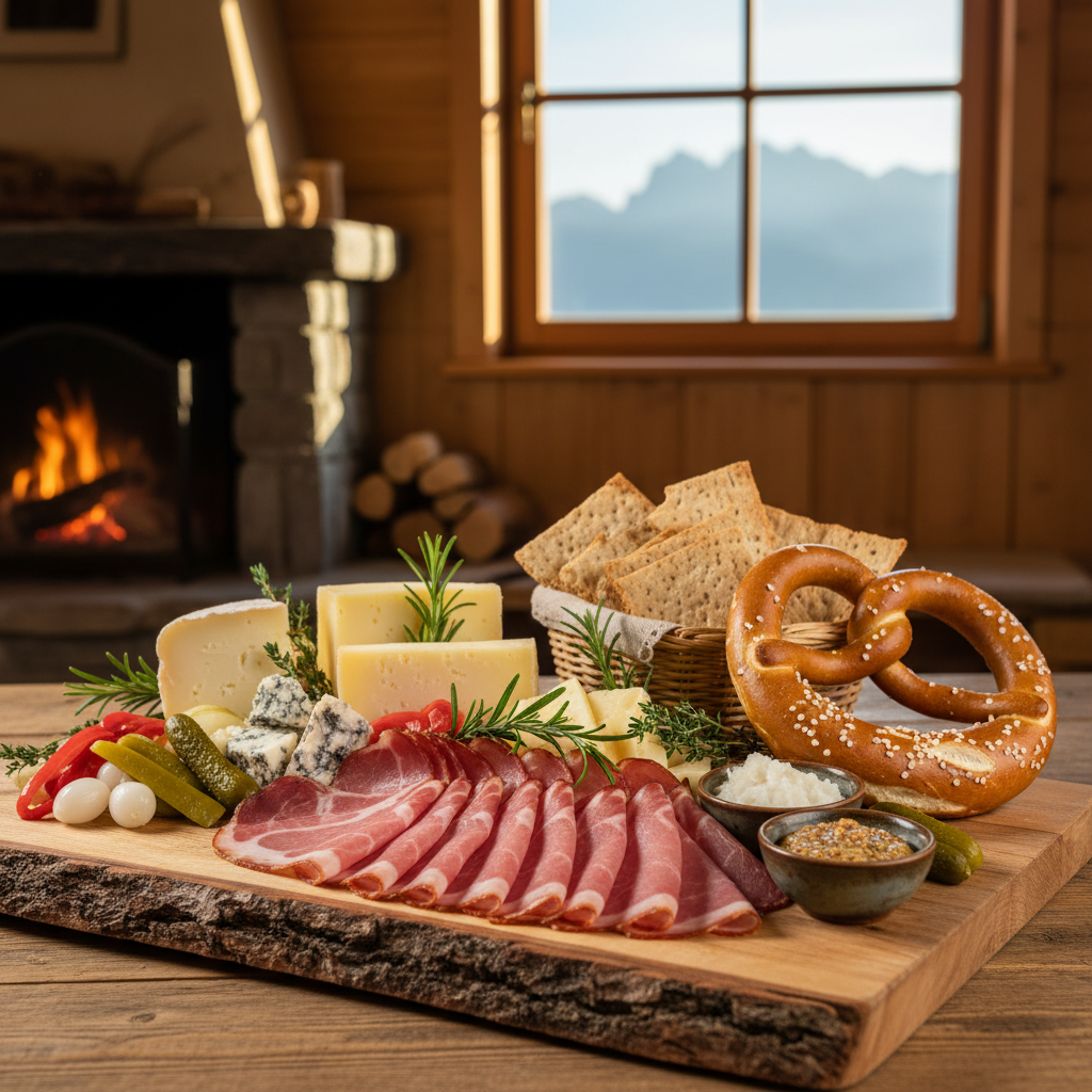 Traditionelle Südtiroler Brettljause mit Speck, Käse und Brot
