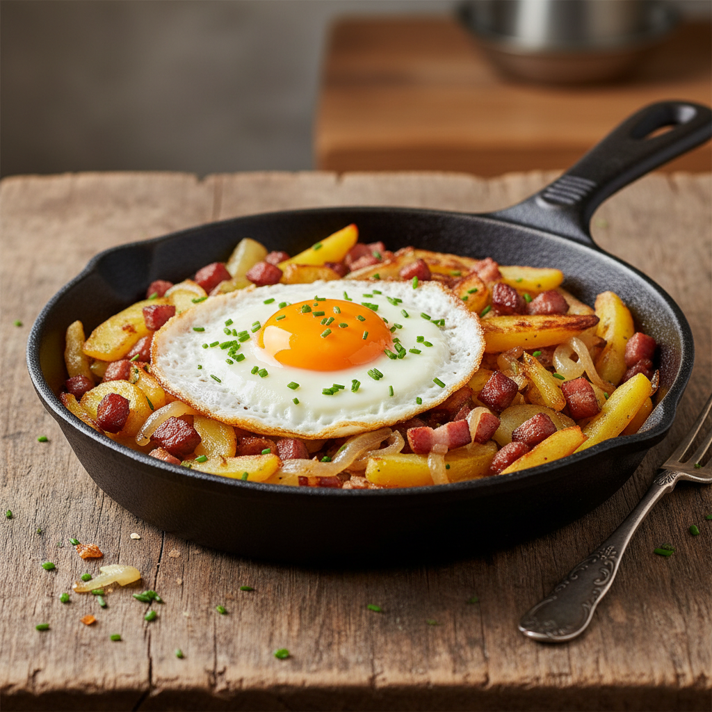 Knuspriges Tiroler Gröstl in der Eisenpfanne mit Spiegelei und frischem Schnittlauch