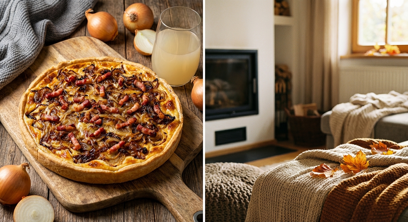 Goldbraun gebackener Zwiebelkuchen mit karamellisierten Zwiebeln und knusprigen Speckwürfeln auf einem rustikalen Holzbrett, daneben ein Glas Federweißer und frische Zwiebeln