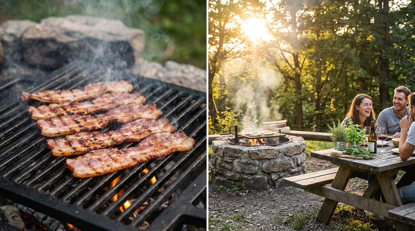 Knuspriger Südtiroler Speck auf dem Grillrost mit sichtbaren Grillstreifen und leichtem Rauch, daneben gegrilltes Gemüse