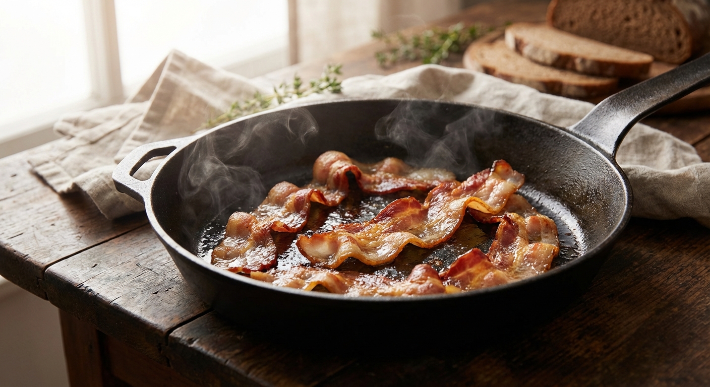 Knusprig gebratener Südtiroler Speck in gusseiserner Pfanne mit goldbrauner Farbe