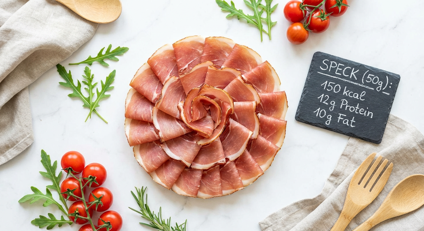 Hauchdünn geschnittener Südtiroler Speck auf einem Holzbrett mit frischen Kräutern