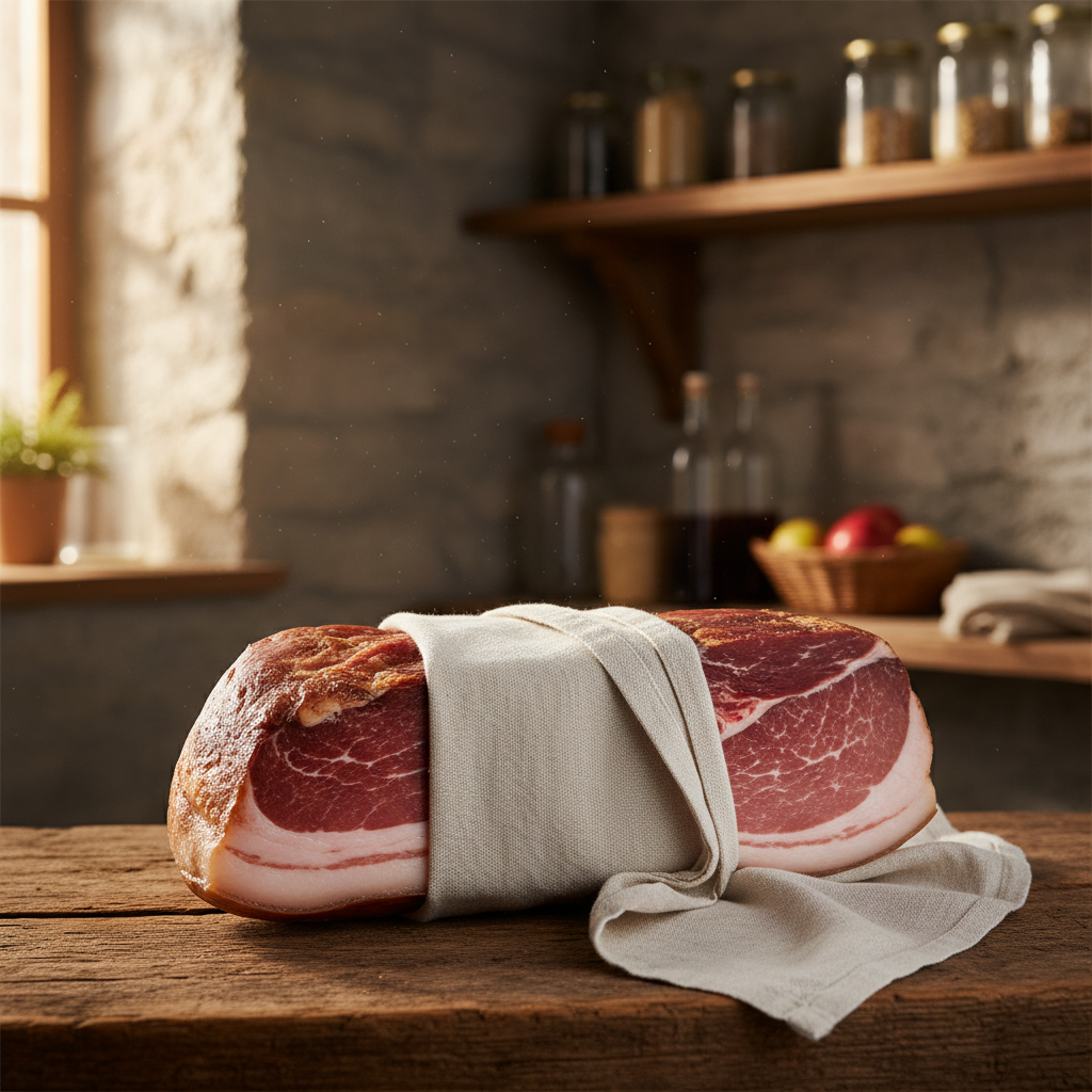 Rustikale Wanderjause mit Südtiroler Speck, Bergkäse und Schüttelbrot auf einem Holzbrett in den Bergen