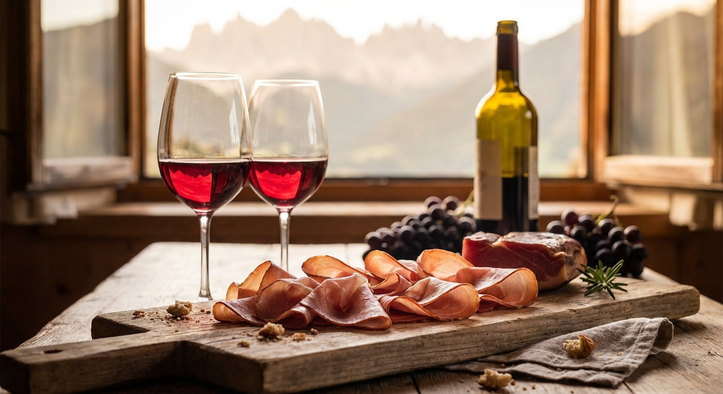 Südtiroler Speck auf einem Holzbrett mit Weingläsern und Weintrauben im Hintergrund